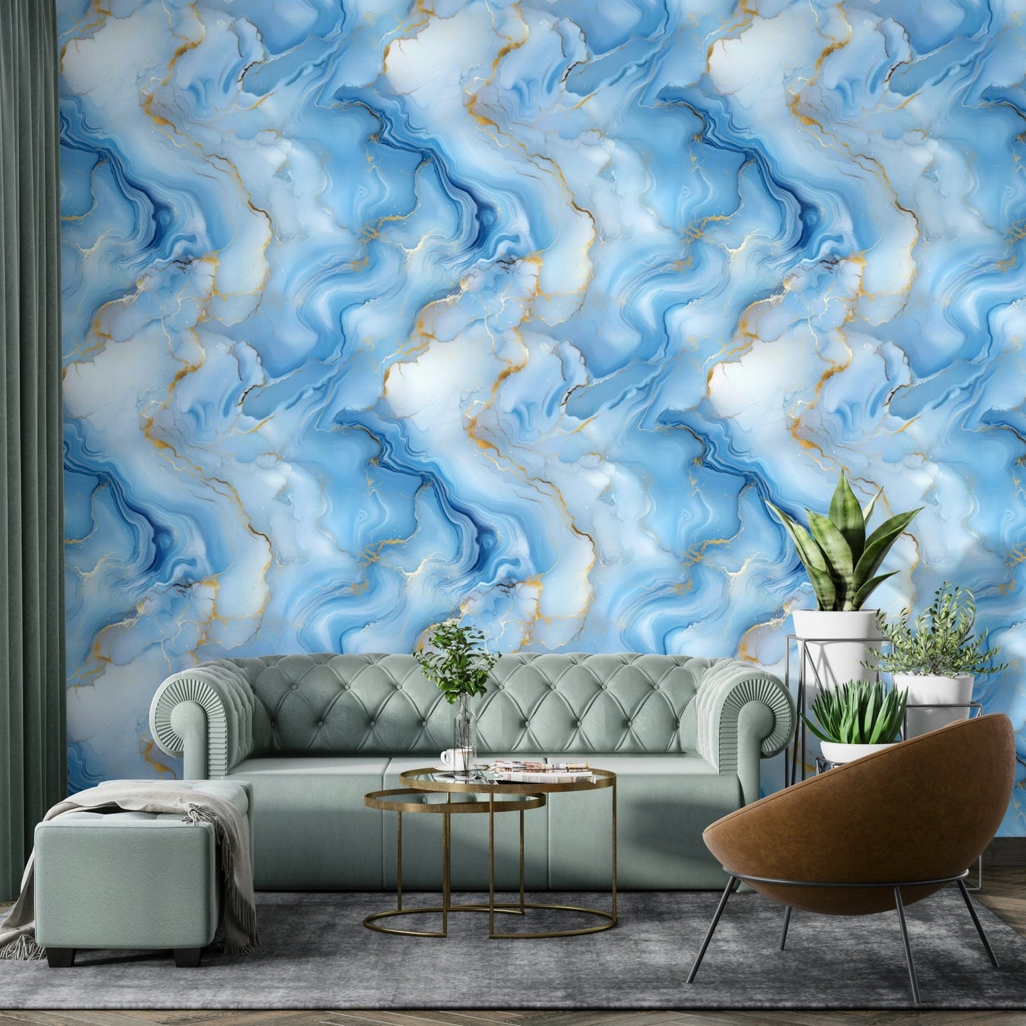 Azure tones and metallic lines in luxury wallpaper

