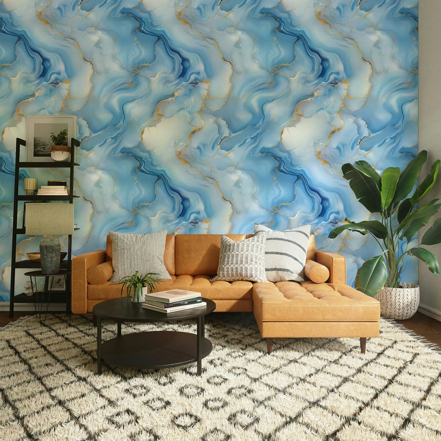Abstract mural-style wallpaper in royal blue palette

