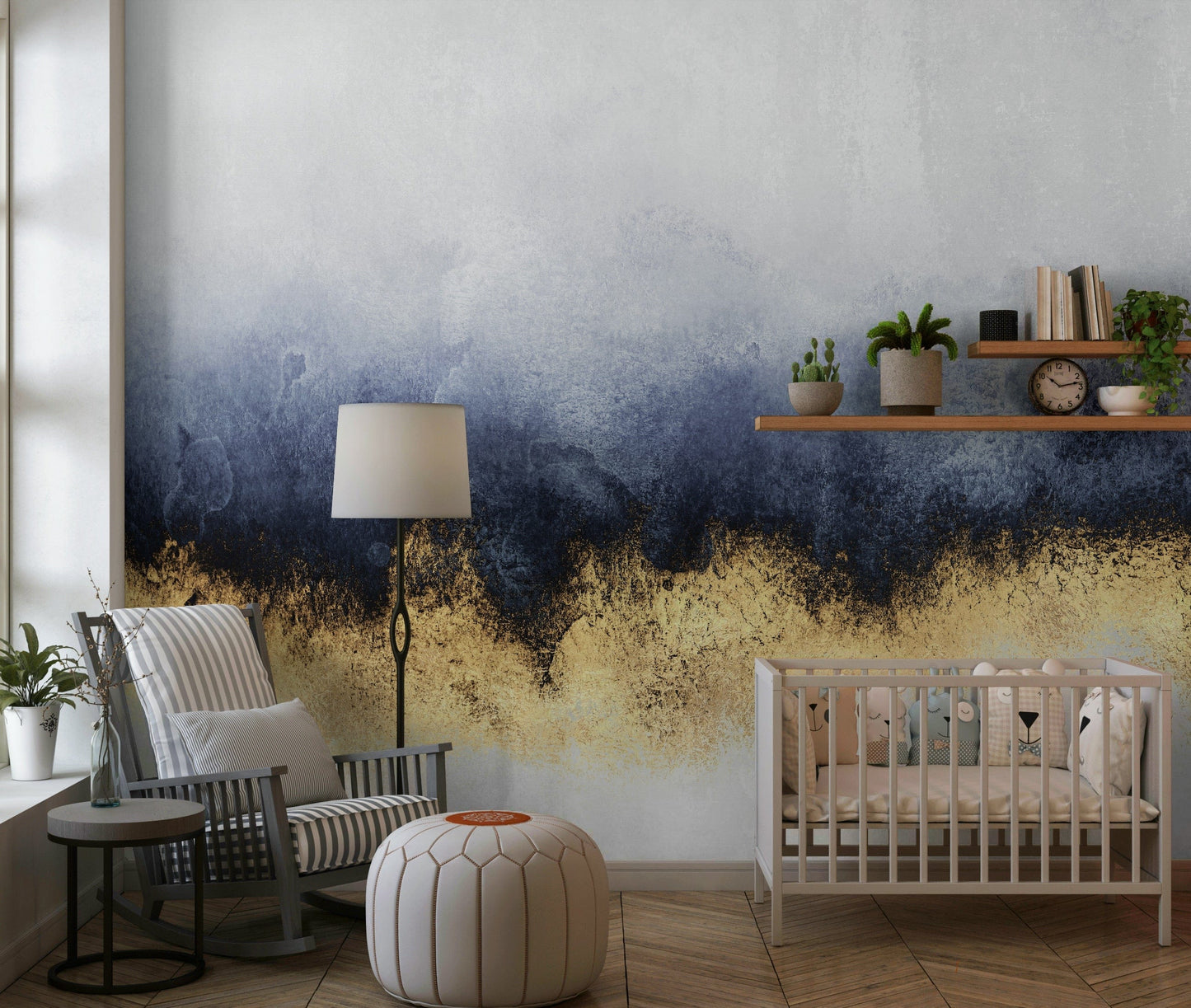 A contemplative gentle blue and gold wallpaper mural for a feature wall.