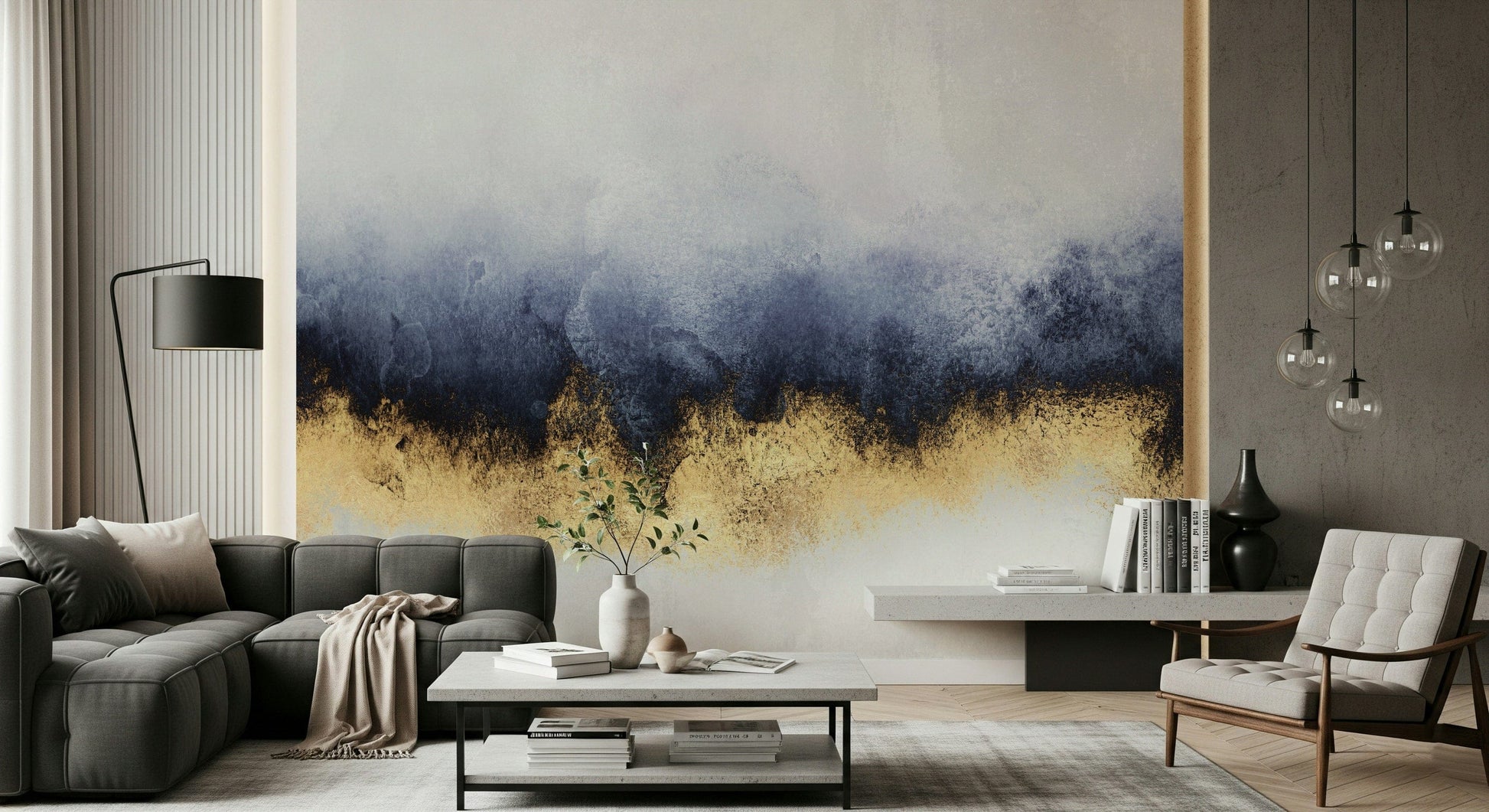 A beautiful abstract gold and azure wallpaper mural for a modern home.