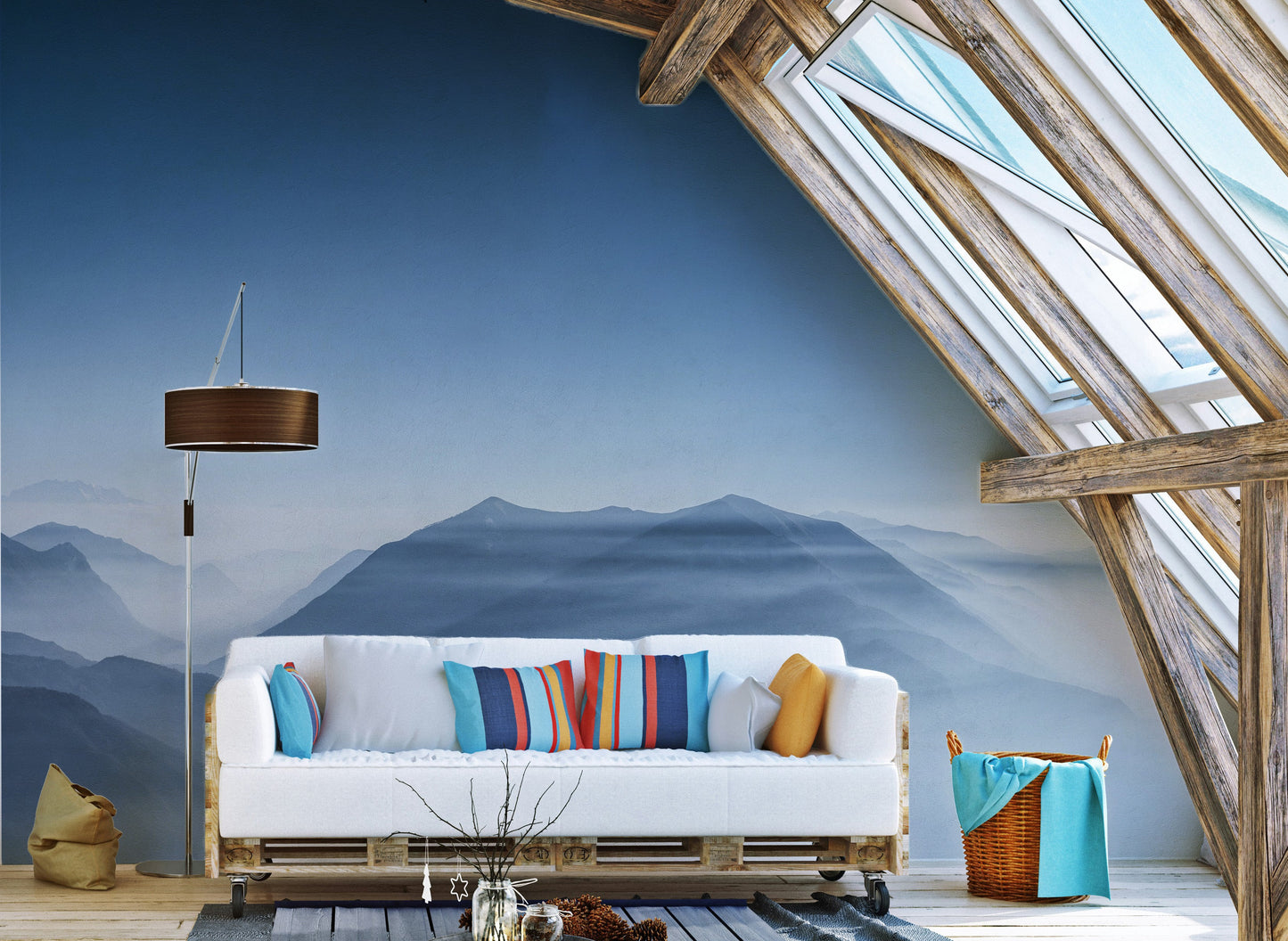 Soothing hilltop mural in azure tones for peaceful interiors.
