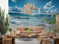 Abstract ocean-sky mural in home office, clean modern setting