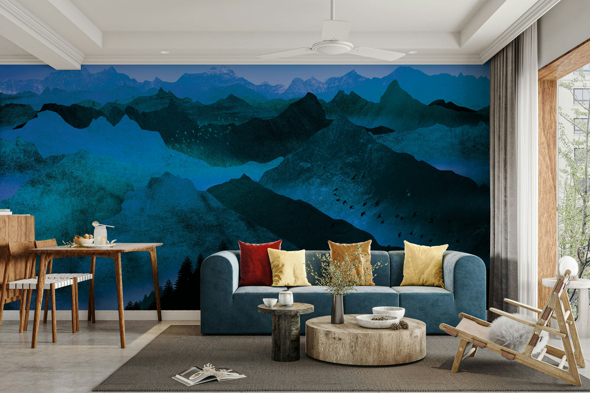 Azure Mountain Majesty wallpaper of deep blue misty peaks behind a teal sofa with red and yellow cushions near a dining table