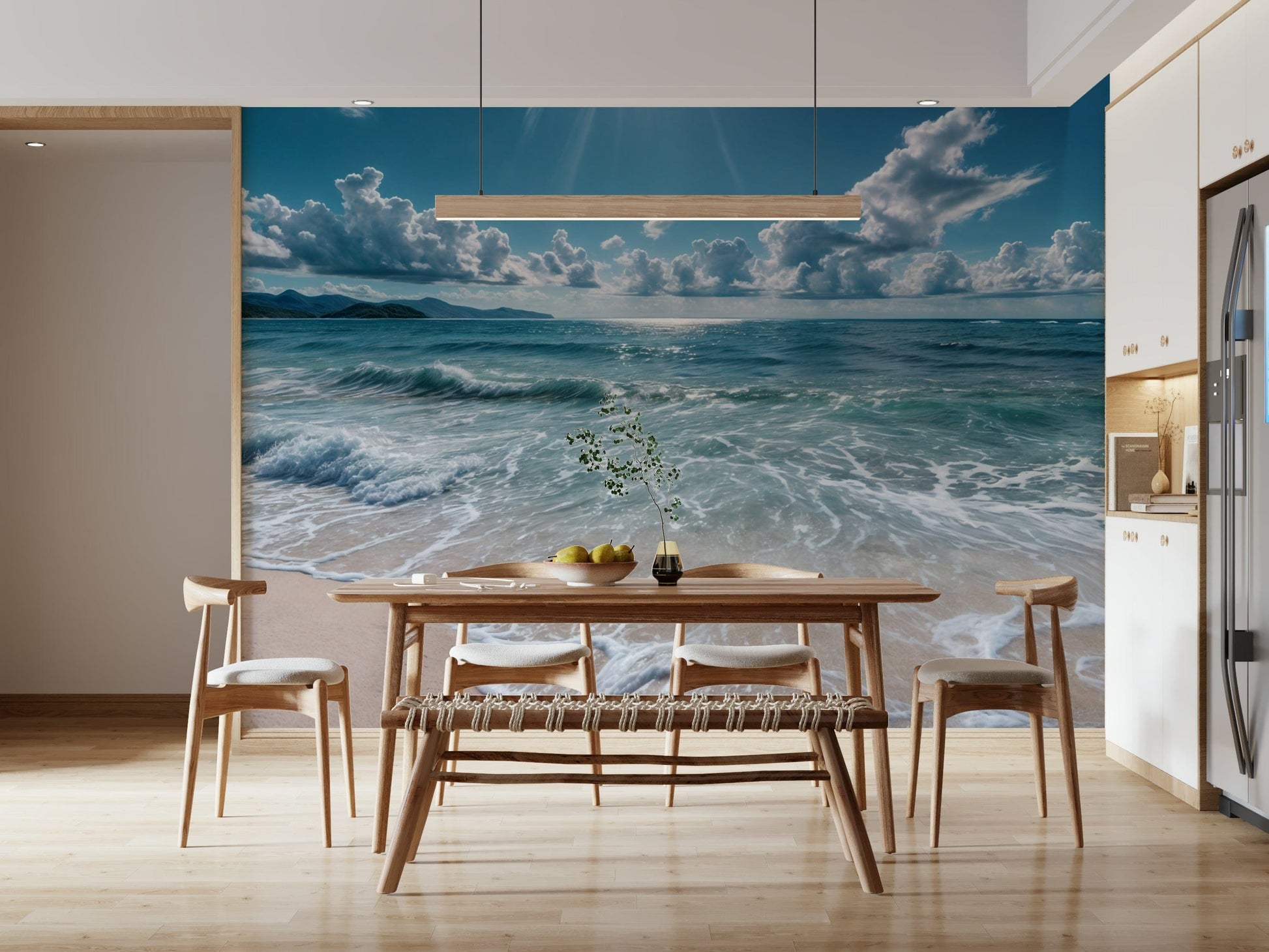 Panoramic azure horizon mural in lounge, airy blue and white palette