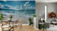 Soft blue coastal mural behind sofa, modern home styling with neutrals