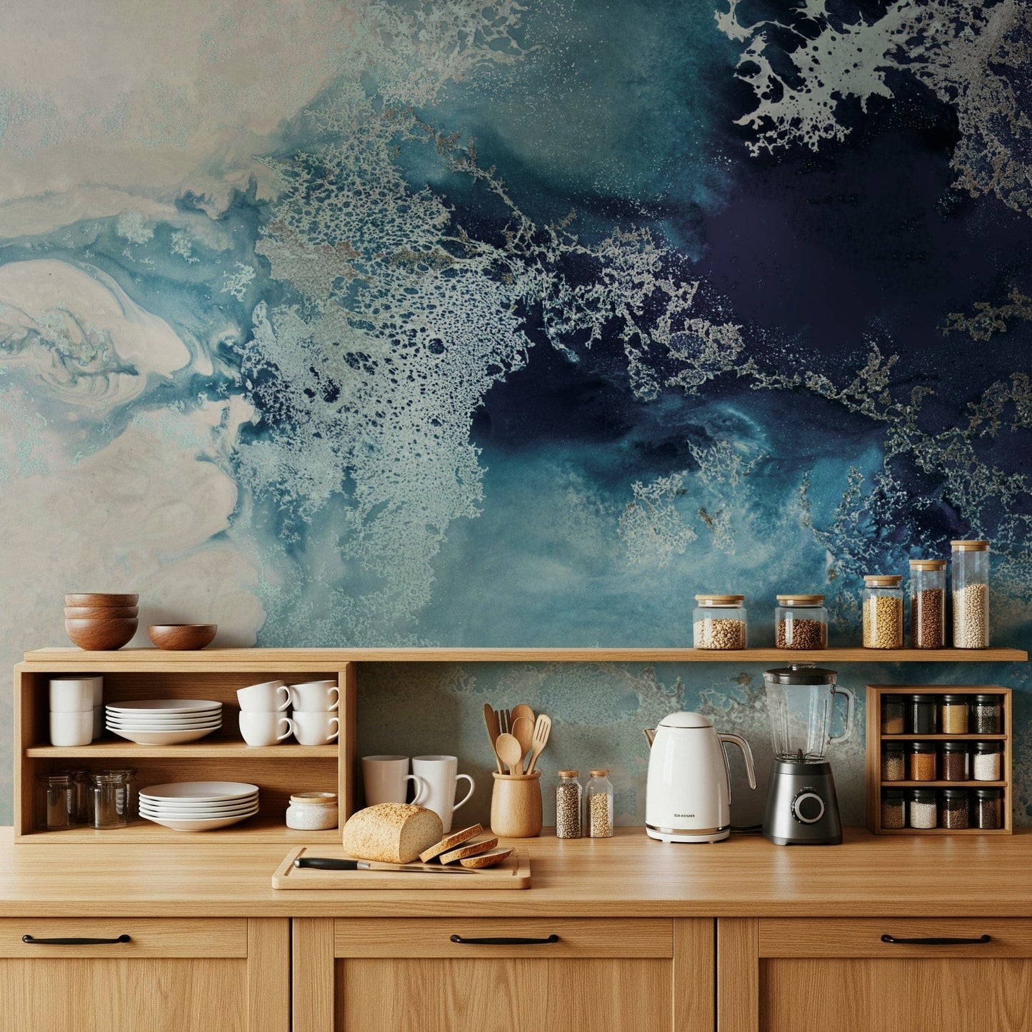 An artistic fluid pattern mural on minimalist wallpaper.