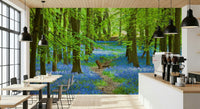 Reading nook wall decor with blue pathway mural, calm landscape style and soft light