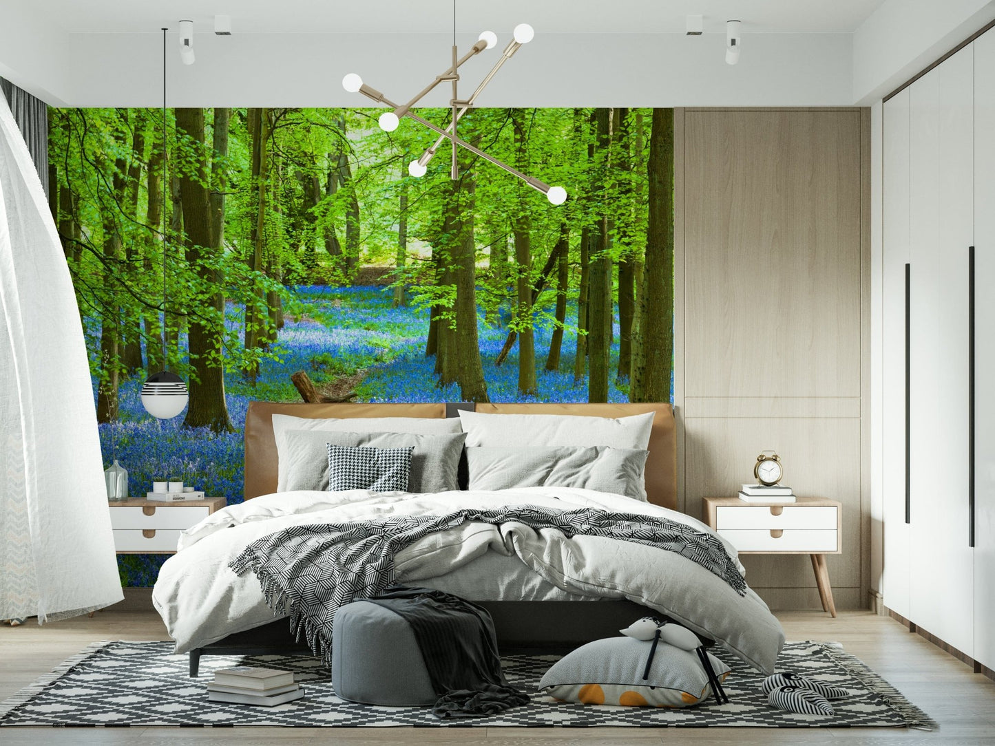 Dining room accent wall with blue pathway mural, airy landscape look in cool tones