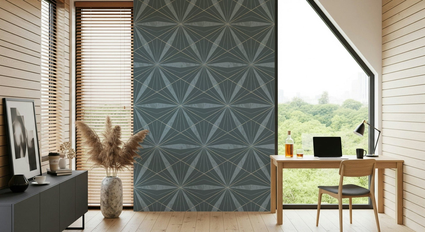 Modern repeating lines wallpaper creating a vibrant light burst effect.