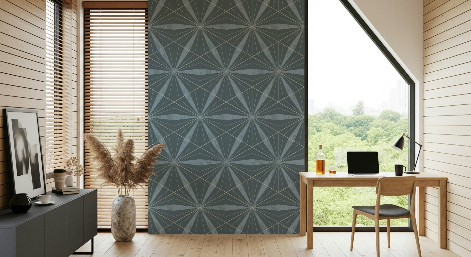Modern repeating lines wallpaper creating a vibrant light burst effect.
