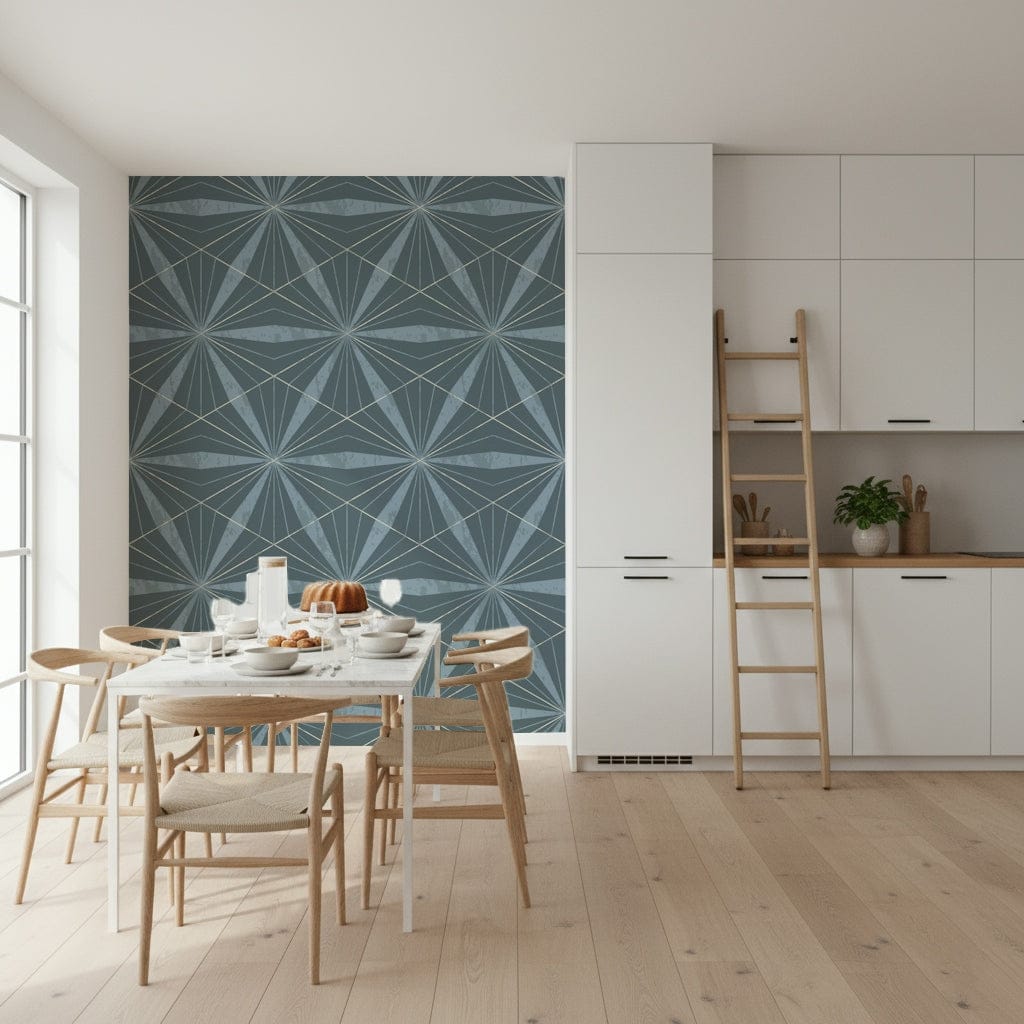 Symmetrical fanning design Azure Radiance wallpaper for statement decor.