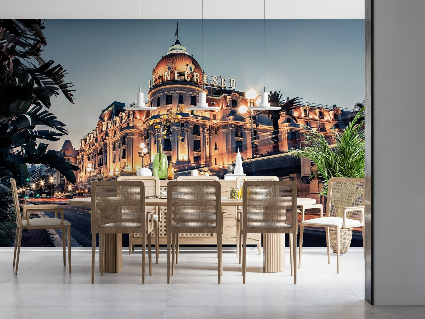 Riviera night scene mural in home office, modern backdrop and color