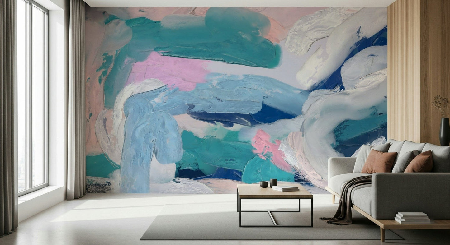 Vibrant teal brushwork on Azure Strokes wall mural.