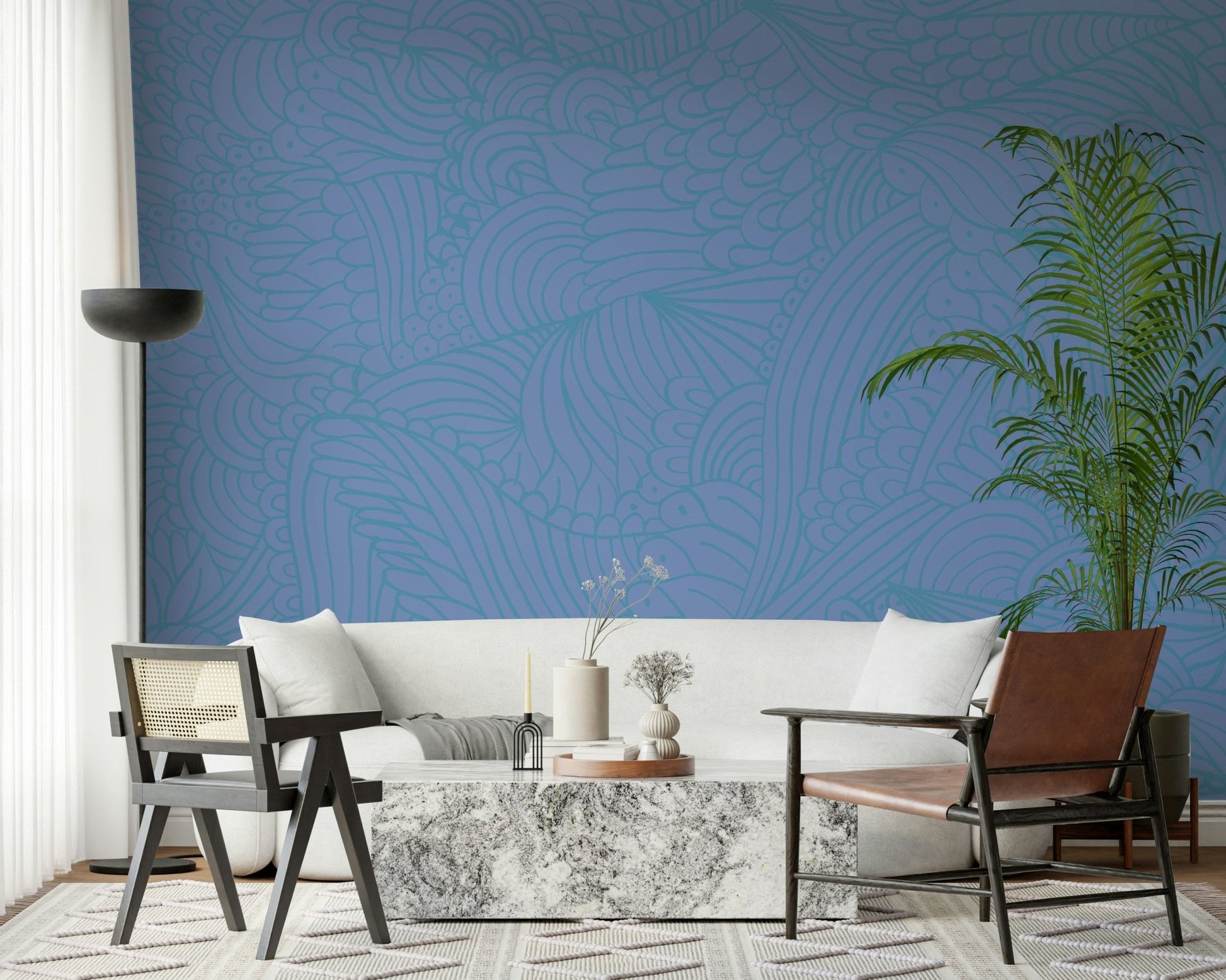 Azure Zen Doodle quiet serene peel stick. Blue pattern artwork.