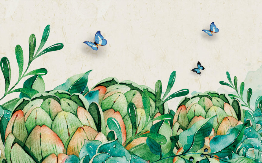 Watercolor Green Garden Wall Wallpaper Murals in your room — zoomed