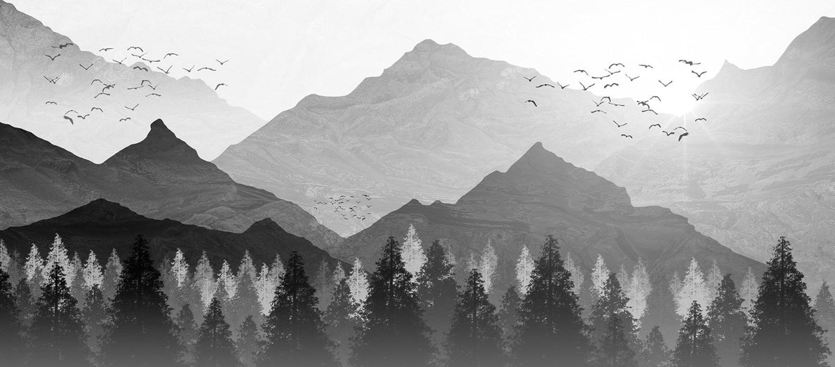 Black and White Mountain Ranges Wallpaper Mural in your room — zoomed