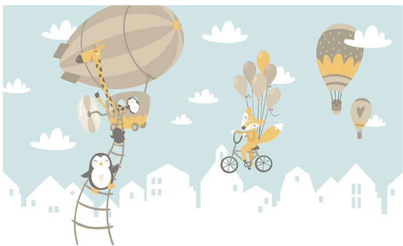 Fox and Penguin Hot Air Balloons Wallpaper Murals