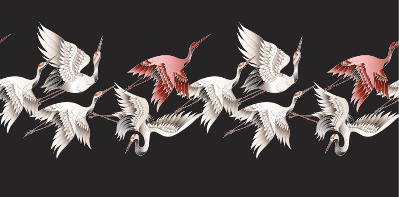 Japanese White Flying Crane Black Wallpaper in your room — zoomed