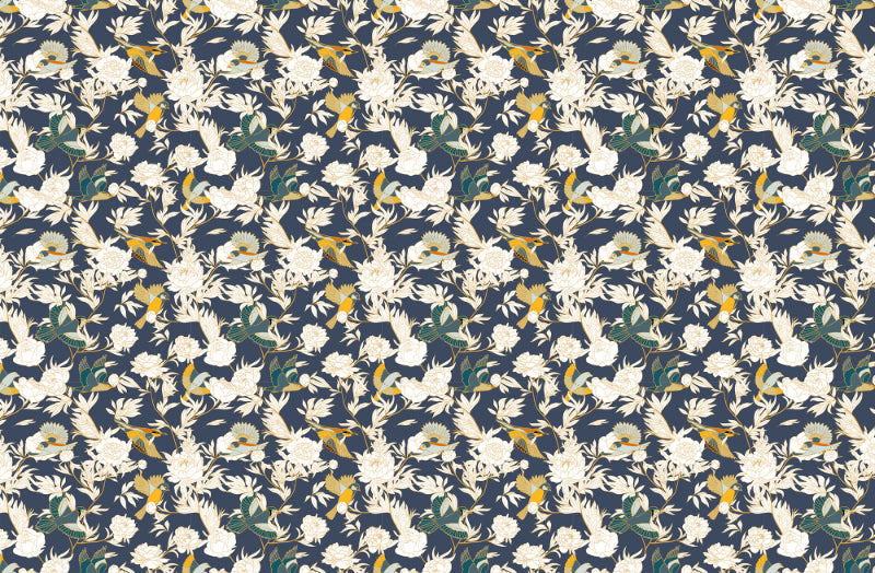 Birds and Peony Flower Wallpaper in your room — zoomed