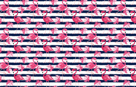 Blue Stripes & Pink Flamingo Wallpaper