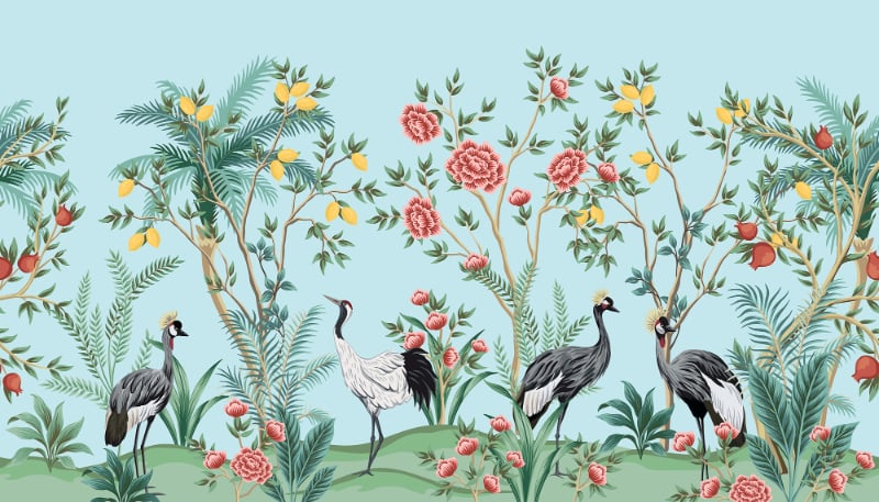 Chinoiserie Floral Palm Tree Wallpaper in your room — zoomed