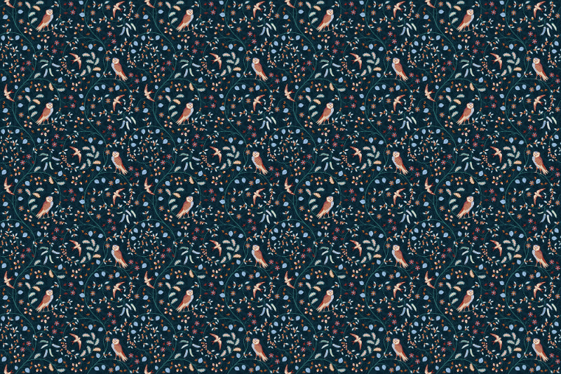 Dark Blue Flower and Birds Wallpaper in your room — zoomed