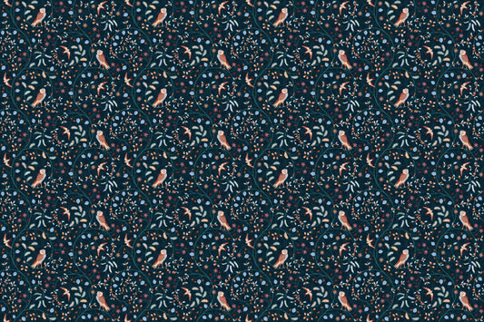 Dark Blue Flower and Birds Wallpaper