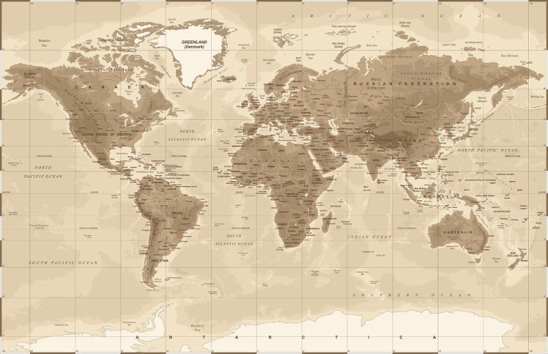 Brown Detailed Worldmap Wall Murals in your room — zoomed
