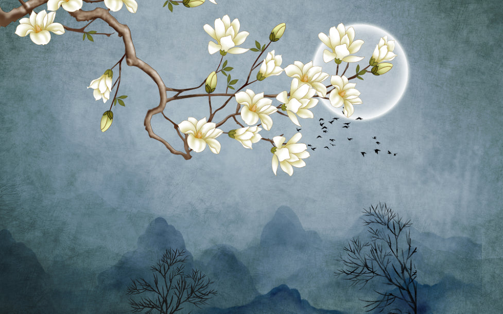 Blue Moon & White Flower Wallpaper Murals in your room