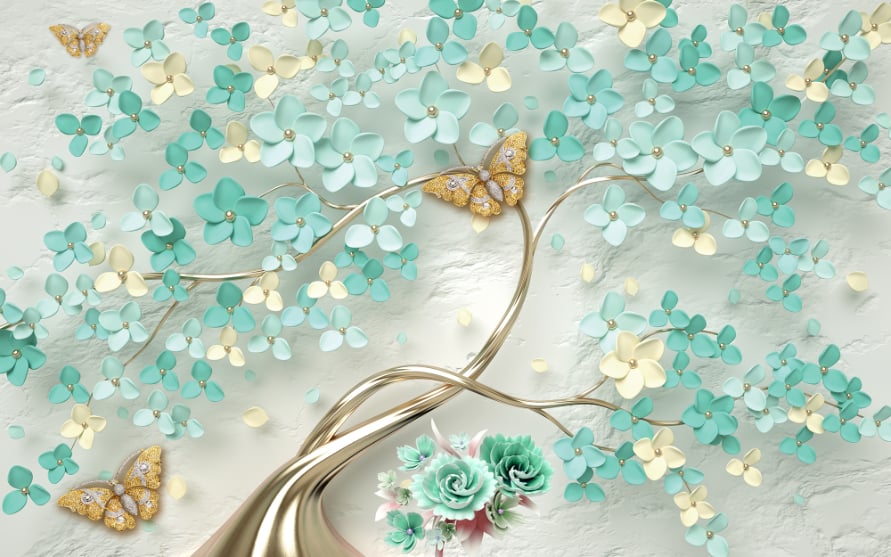 Green Flowers Golden Butterfly Wallpaper Murals in your room — zoomed