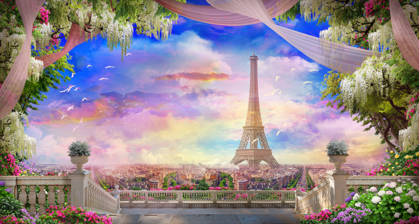 Balcony Eiffel Tower Pink Sunset Wallpaper Mural in your room
