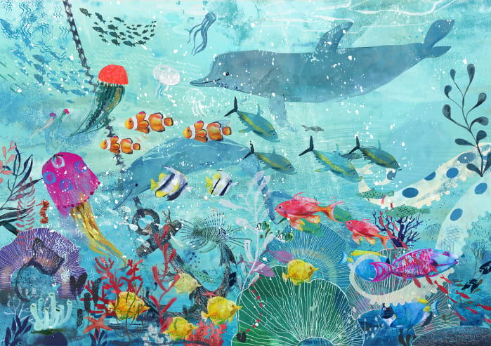 Watercolor Blue Underwater Fish Wallpaper Mural in your room — zoomed
