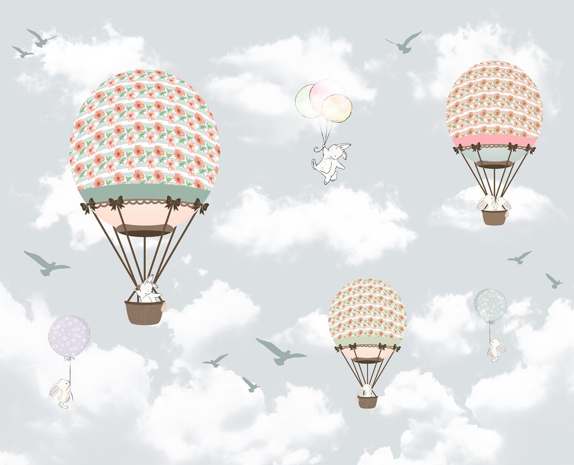Animals on Balloons in the Sky Wallpaper Mural