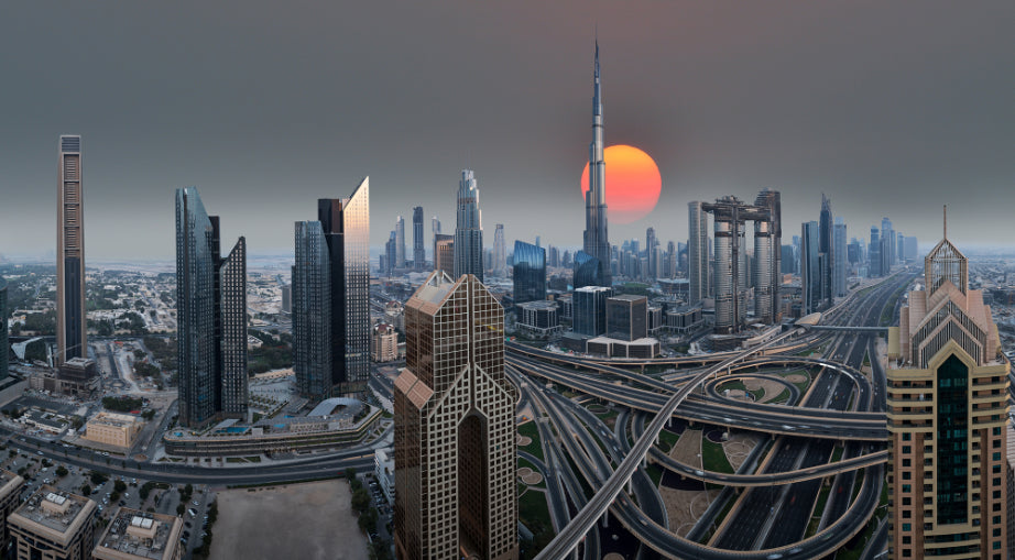 Dubai Skyline During Sunrise Wallpaper Murals in your room — zoomed