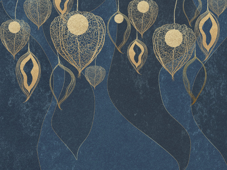 Golden Leaves on Dark Blue Wallpaper Murals in your room
