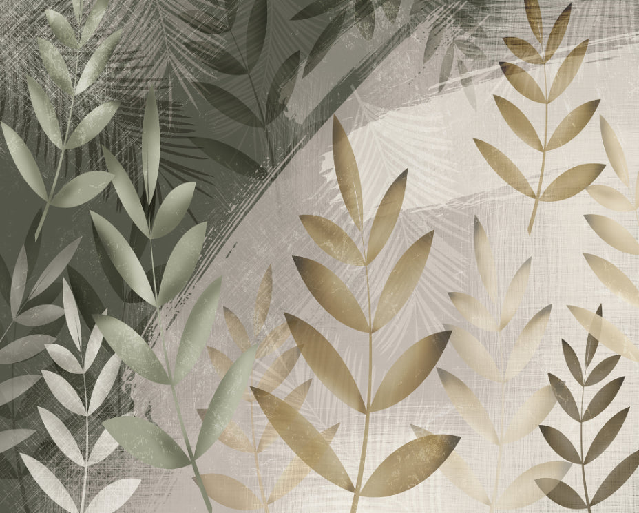 Green and Beige Color Leaves Wallpaper Murals