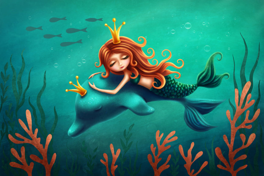 Underwater Mermaid and Dolphin Ride Removable Wallpaper Murals