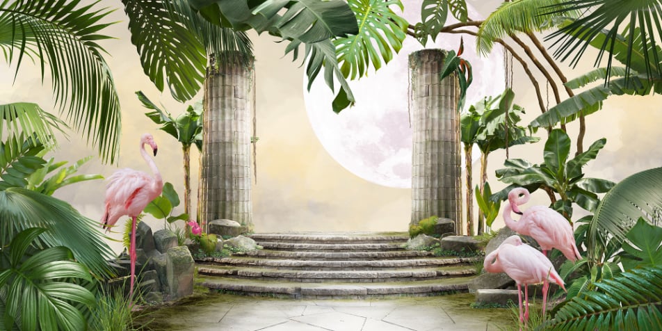 Moon Flamingo Banana Leave Wallpaper for Walls