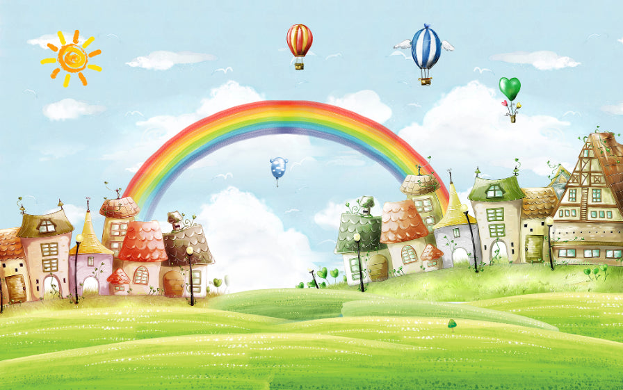 Kids City Landscape Rainbow Balloons Wallpaper Murals