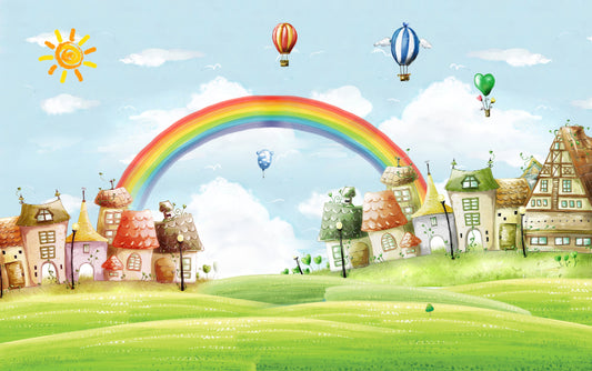 Kids City Landscape Rainbow Balloons Wallpaper Murals