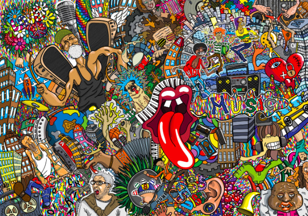 Electric Music Collage Graffiti Wall Mural in your room — zoomed