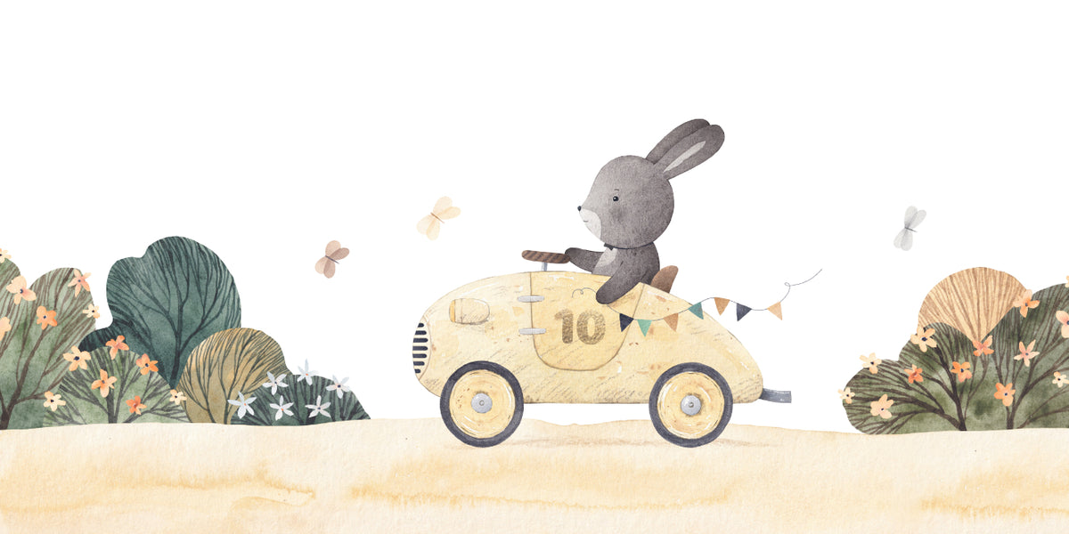 Playful Bunny Car Ride Kids Wall Mural in your room