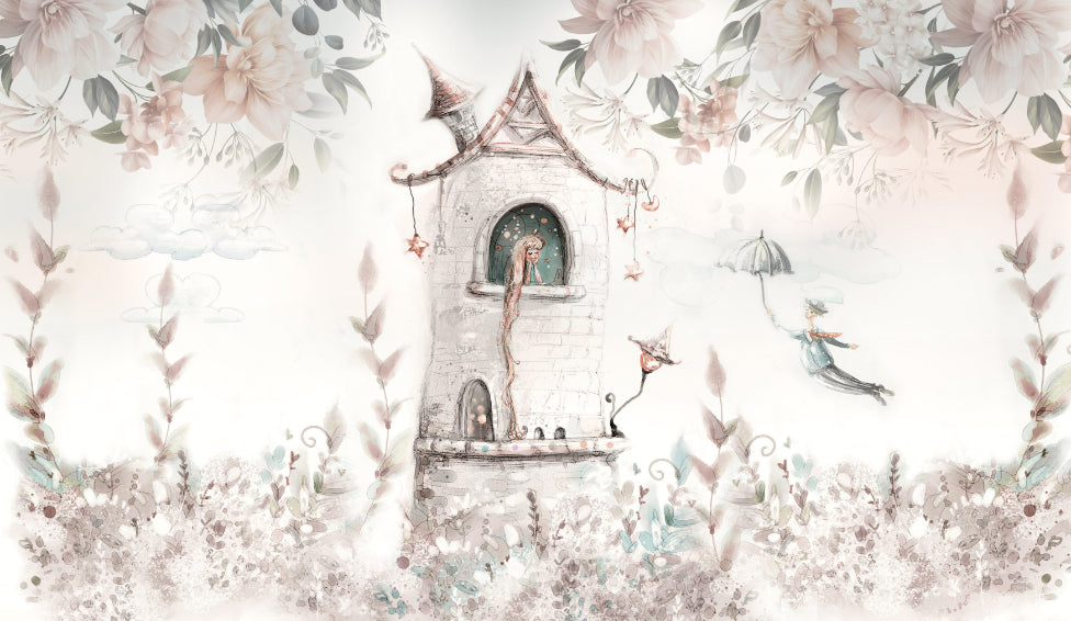 Floral Princess Tower Wallpaper for Kids in your room — zoomed