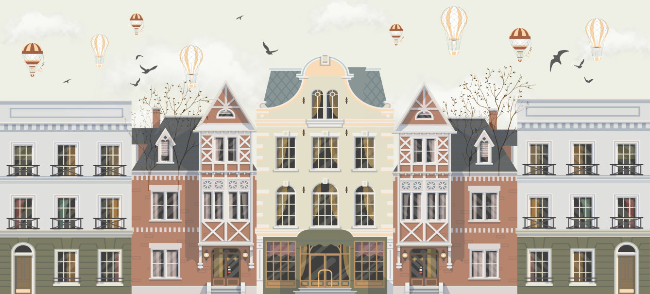 Vintage Townscape Balloons Wall Mural in your room — zoomed