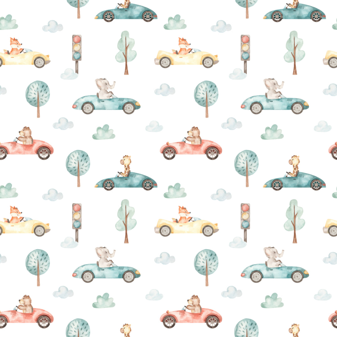 Animal Racers Watercolor Kids Wallpaper in your room — zoomed