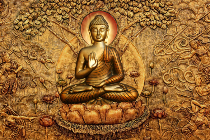 Golden Buddha Bas Relief Wall Mural in your room — zoomed