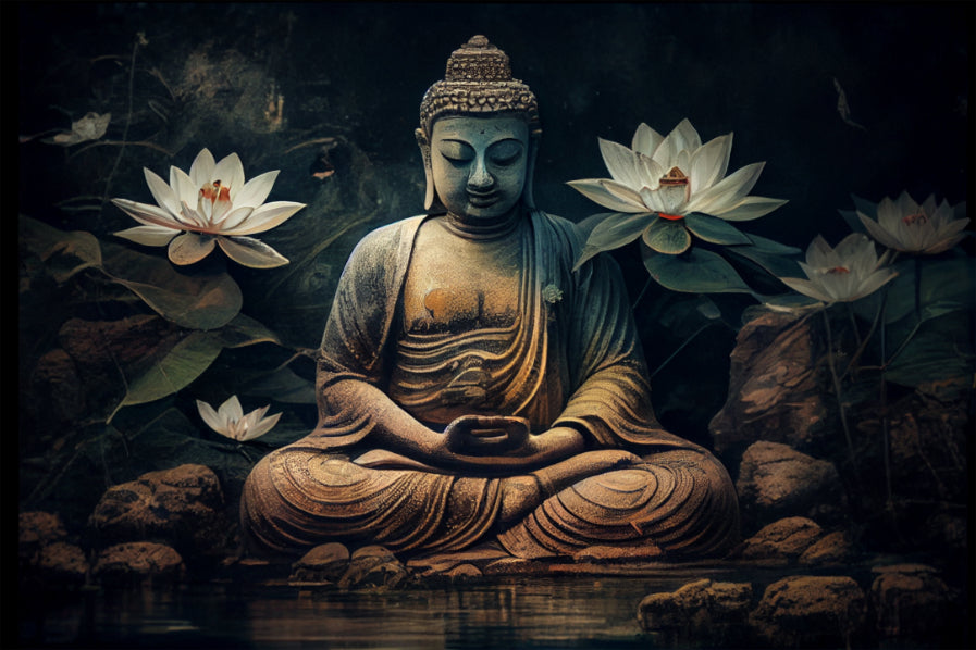 Meditative Buddha and Lotus Flowers Mural in your room — zoomed