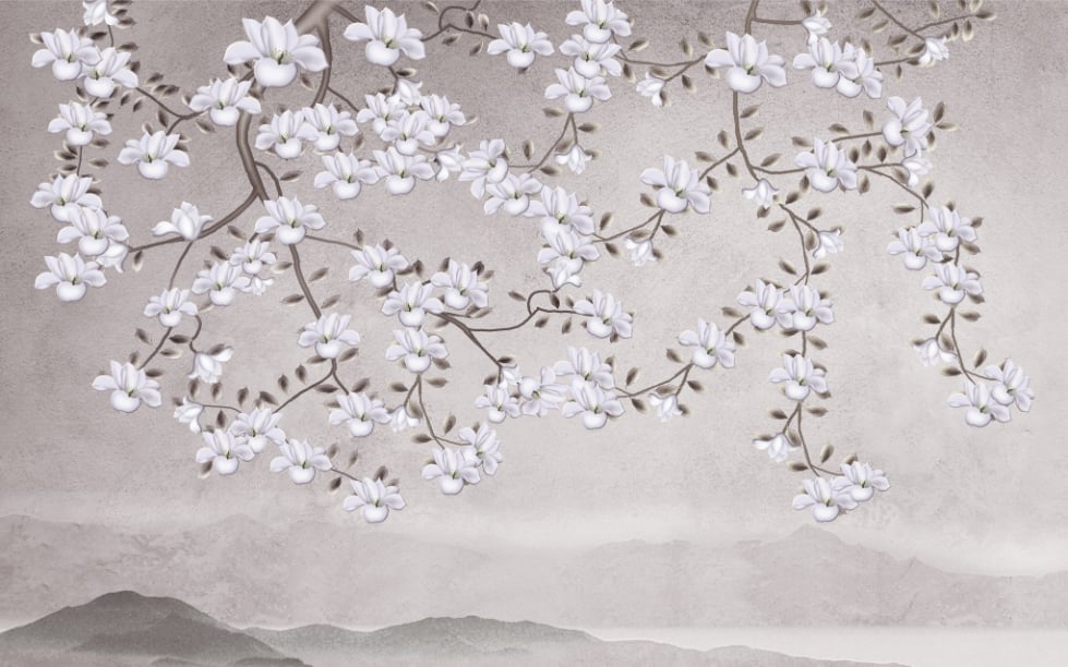 Floral Branches Mountain Wall Mural in your room — zoomed