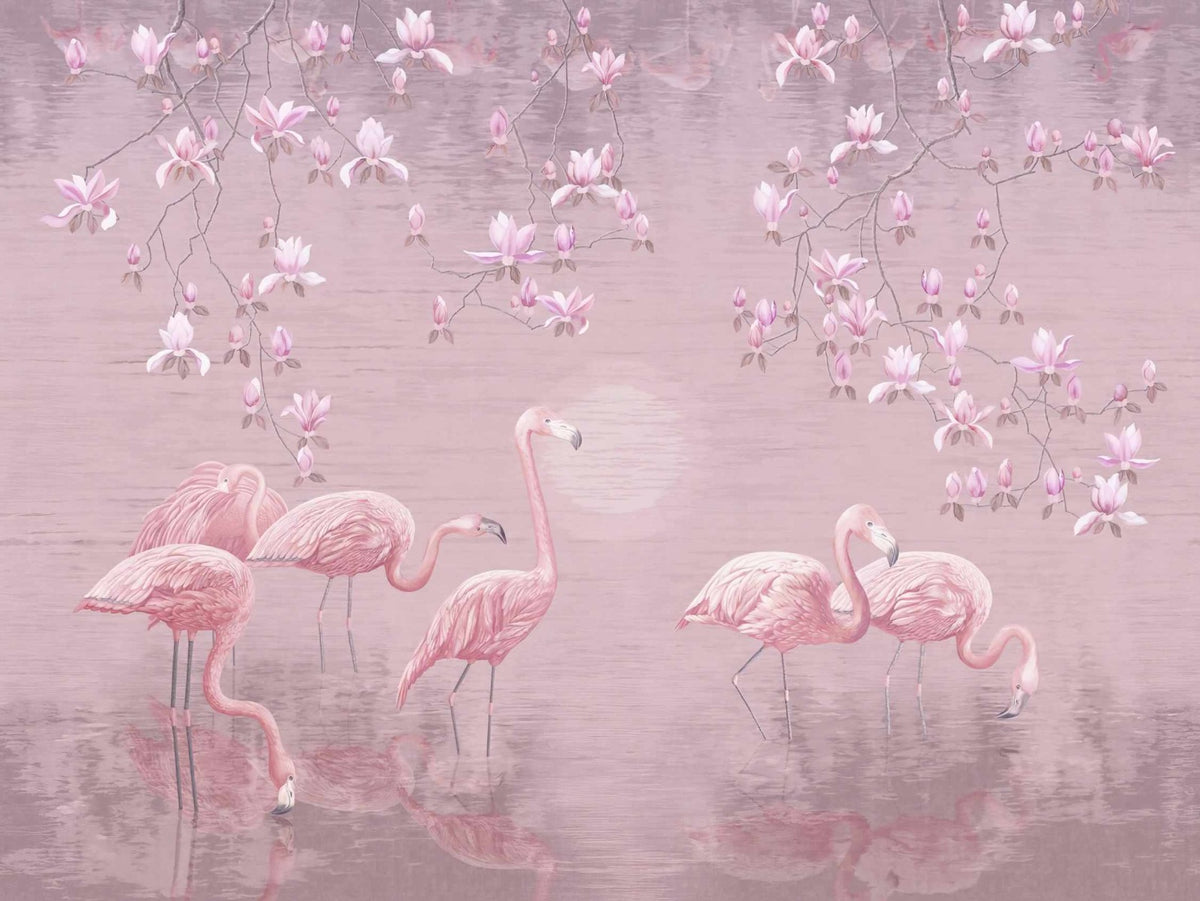 Pink Magnolia Flamingo Haven Mural Wallpaper in your room