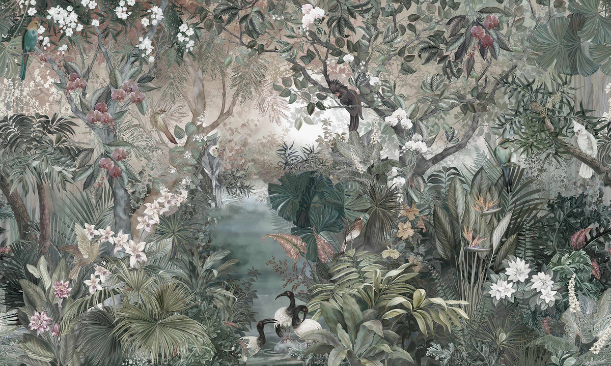 Avian Eden Exotic Cranes and Jungle Birds Mural Wallpaper in your room
